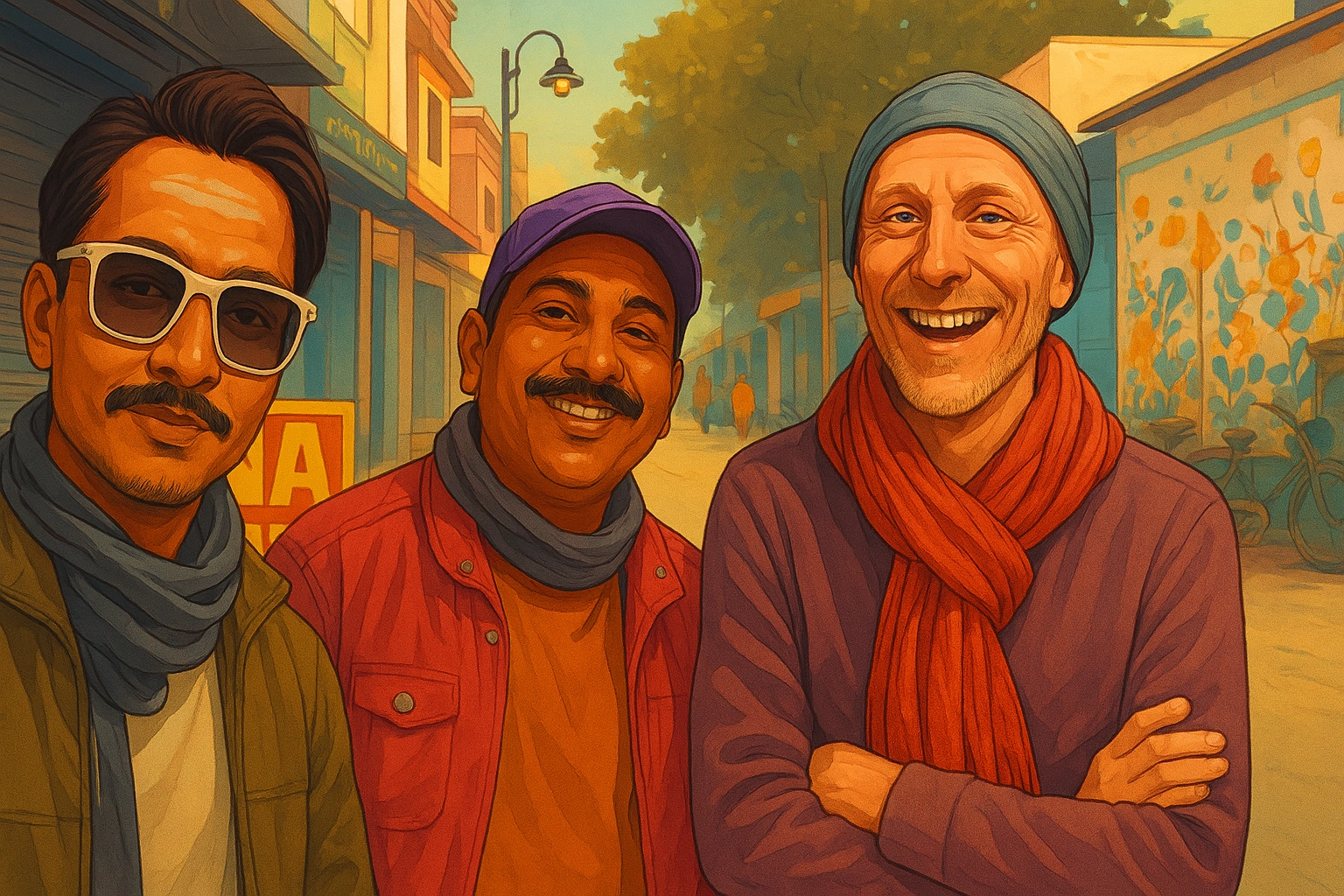 Three friends smiling on a street