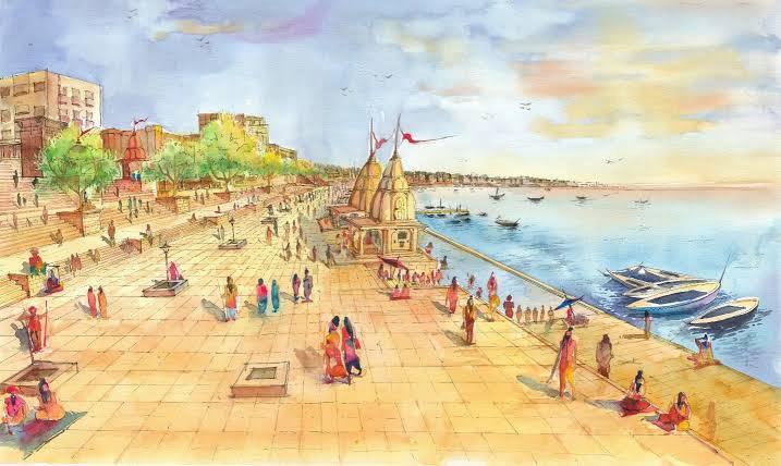 Ghats and riverfront of Varanasi at dawn